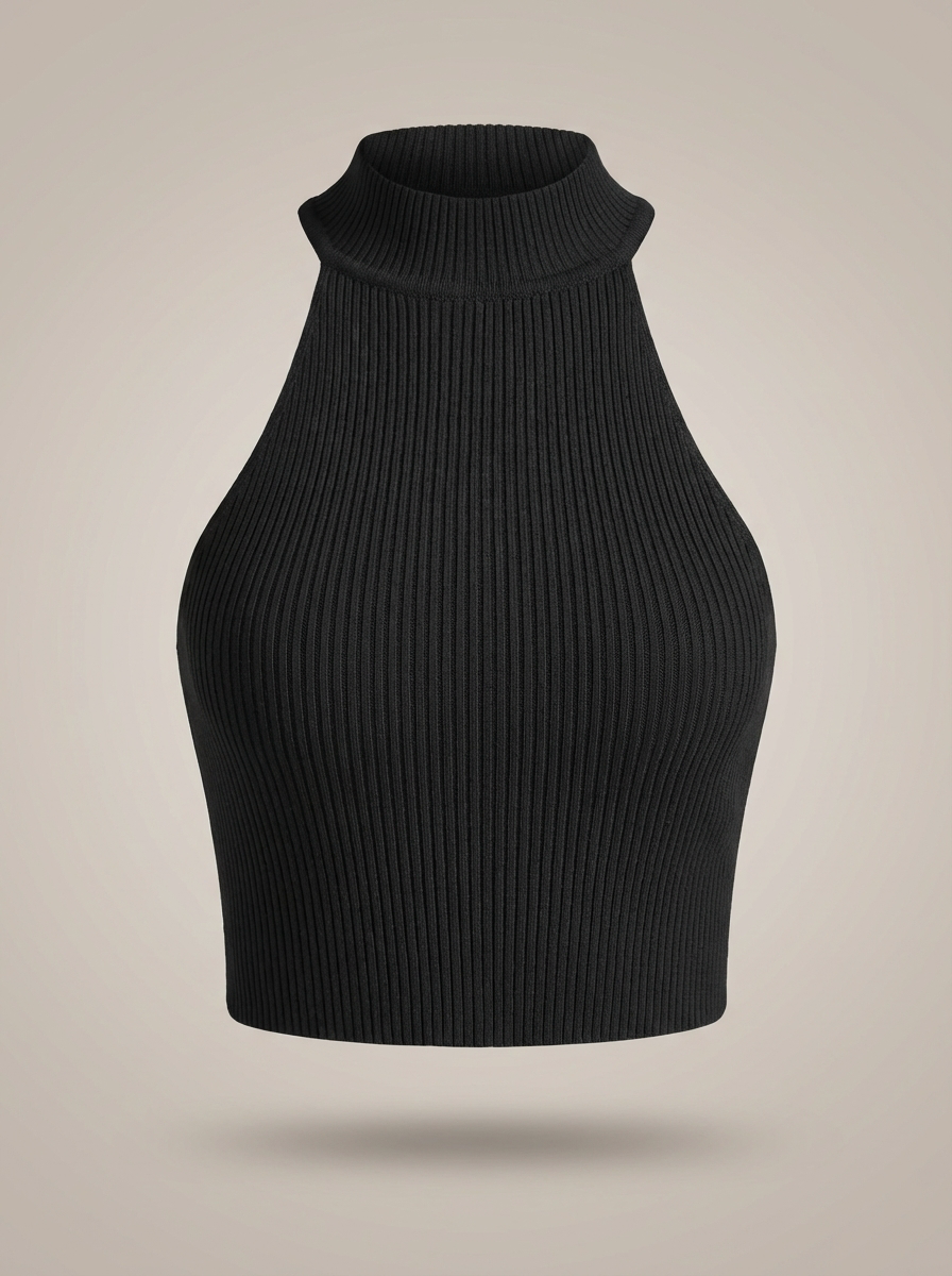 Stylowy damski krótki top halter z wysokim kołnierzem i prążkowanym detalem