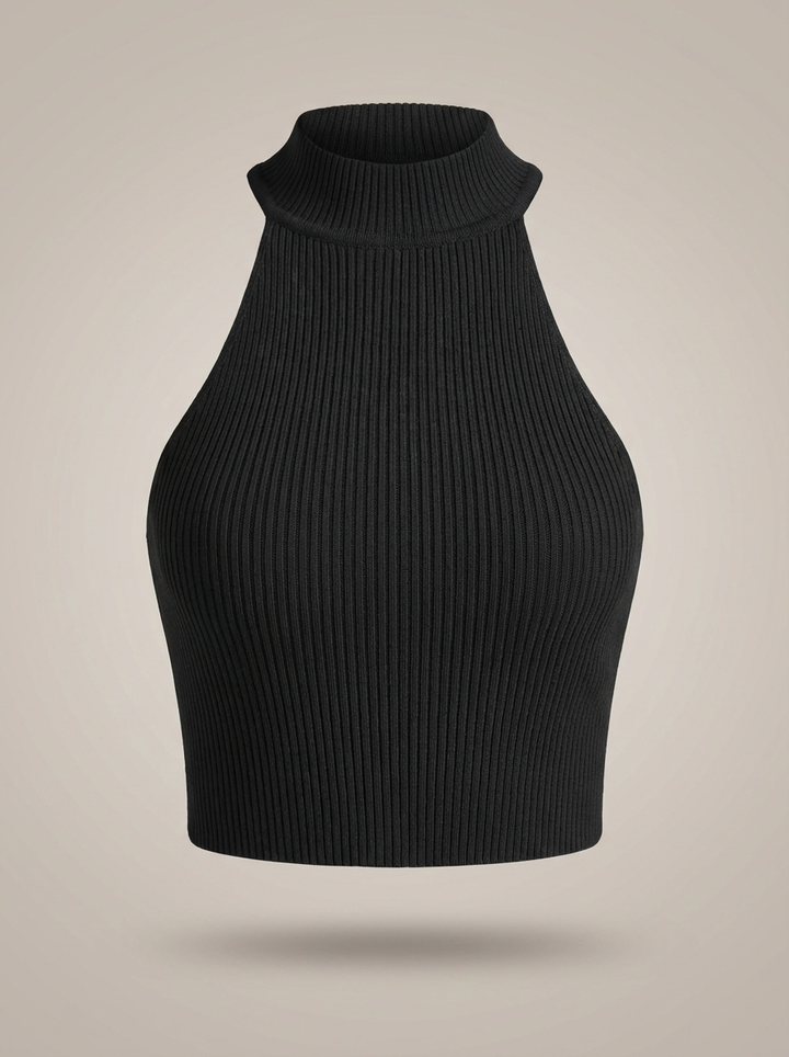 Stylowy damski krótki top halter z wysokim kołnierzem i prążkowanym detalem