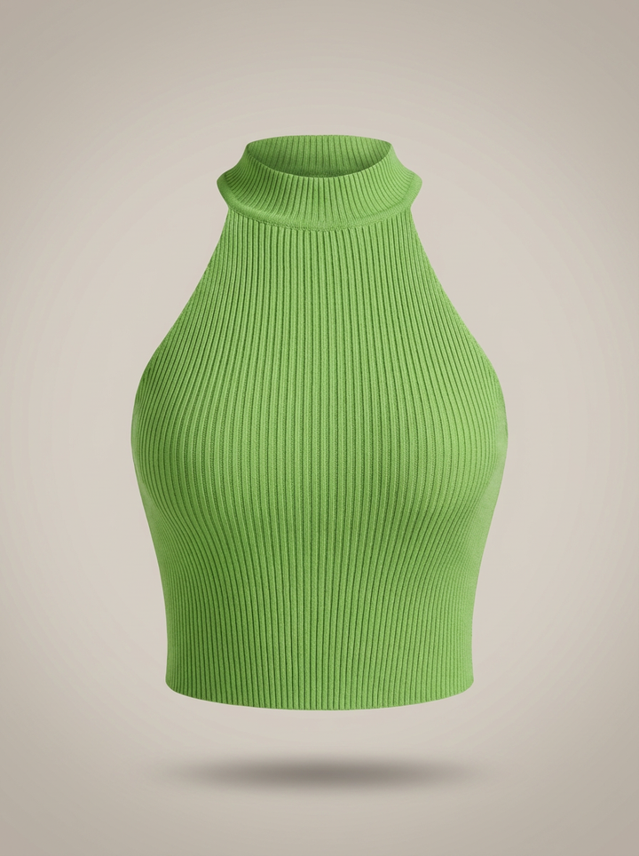 Stylowy damski krótki top halter z wysokim kołnierzem i prążkowanym detalem