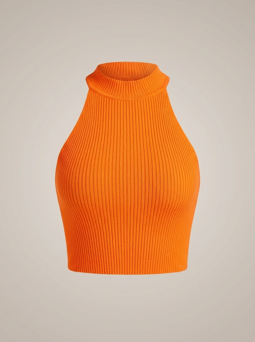 Stylowy damski krótki top halter z wysokim kołnierzem i prążkowanym detalem