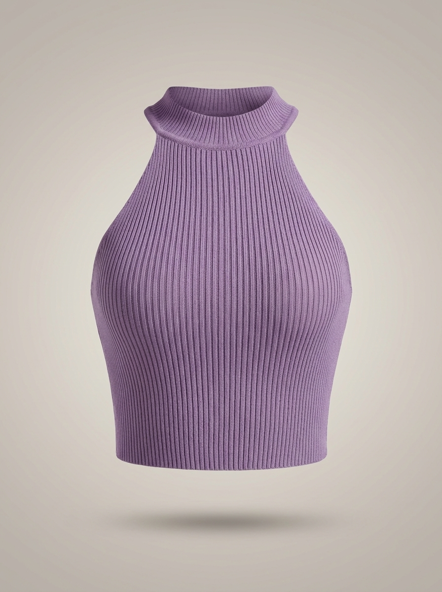 Stylowy damski krótki top halter z wysokim kołnierzem i prążkowanym detalem