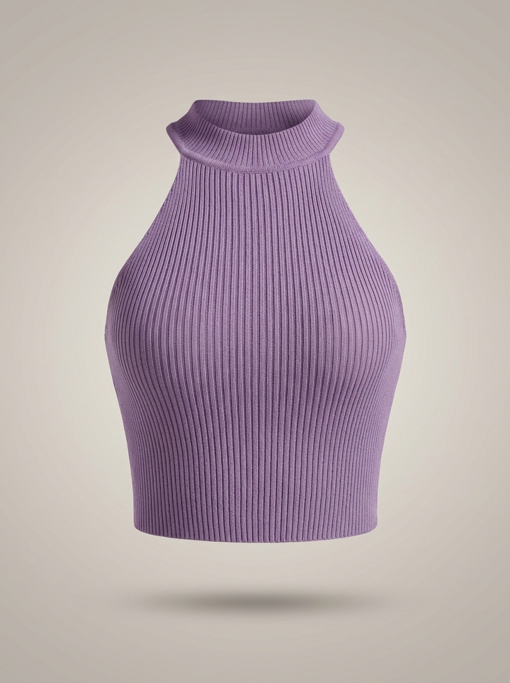 Stylowy damski krótki top halter z wysokim kołnierzem i prążkowanym detalem