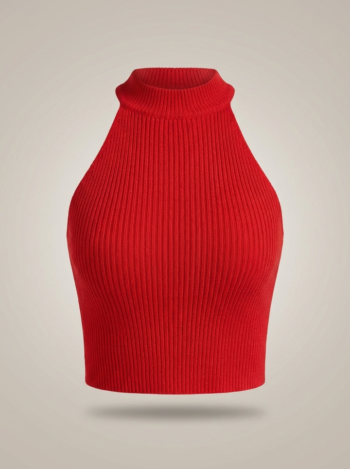 Stylowy damski krótki top halter z wysokim kołnierzem i prążkowanym detalem