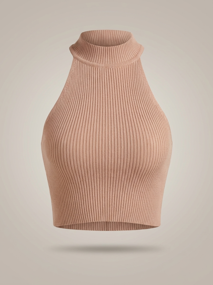 Stylowy damski krótki top halter z wysokim kołnierzem i prążkowanym detalem