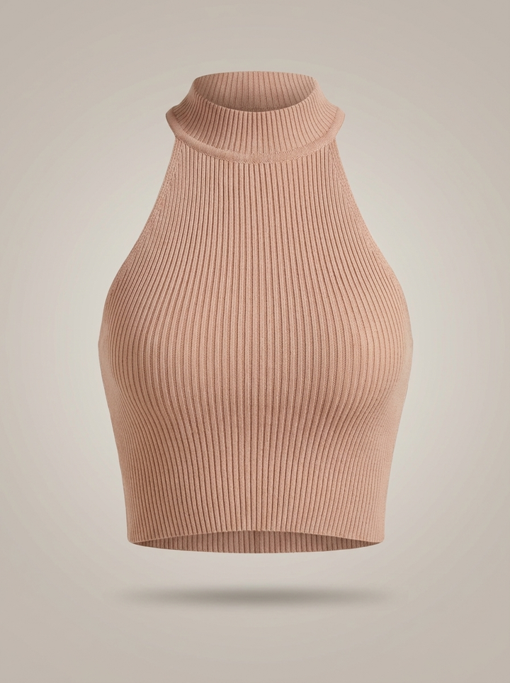 Stylowy damski krótki top halter z wysokim kołnierzem i prążkowanym detalem