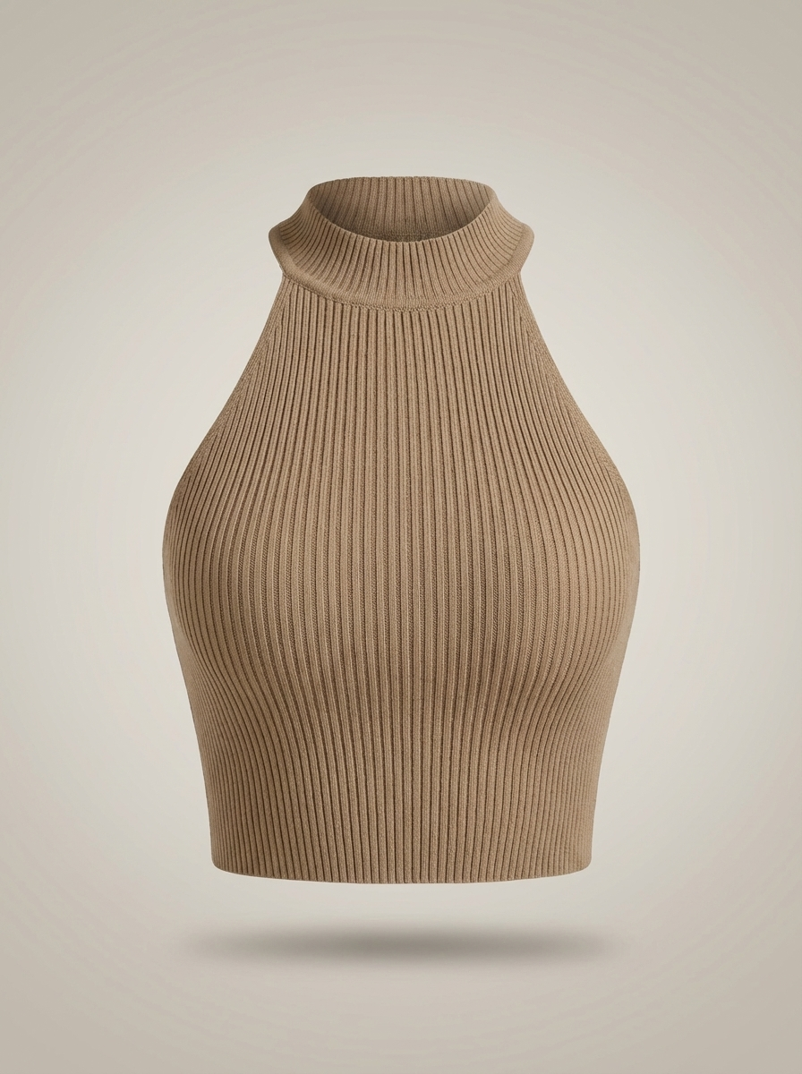 Stylowy damski krótki top halter z wysokim kołnierzem i prążkowanym detalem