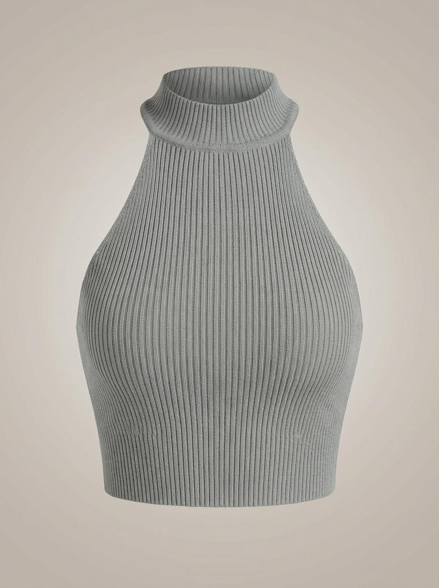 Stylowy damski krótki top halter z wysokim kołnierzem i prążkowanym detalem
