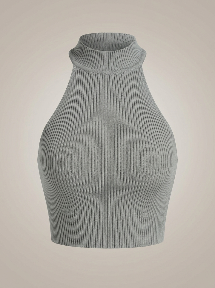Stylowy damski krótki top halter z wysokim kołnierzem i prążkowanym detalem