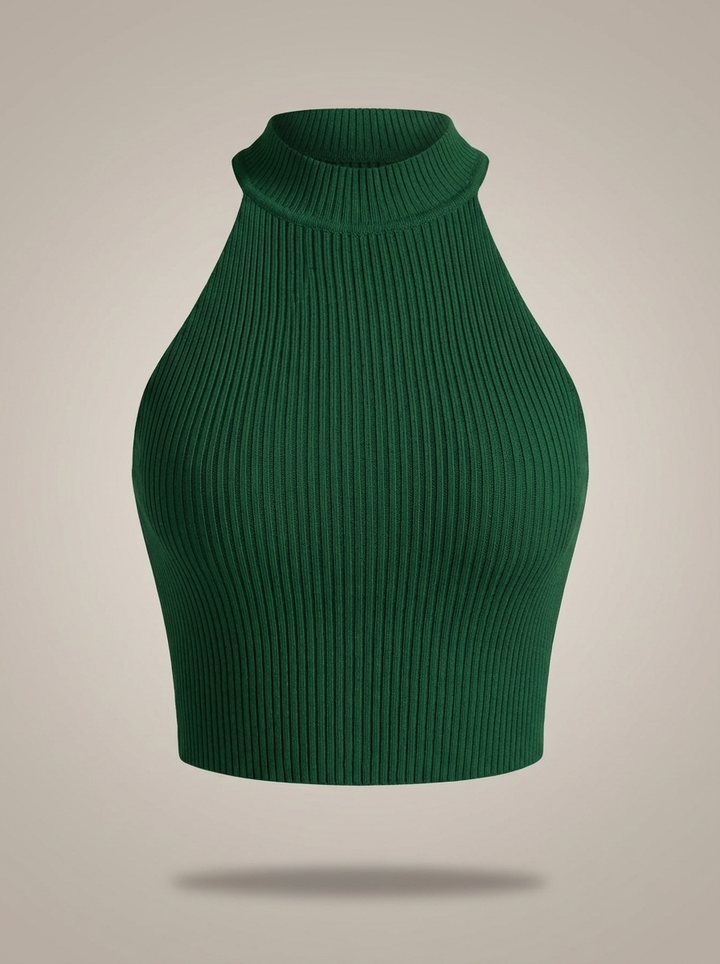 Stylowy damski krótki top halter z wysokim kołnierzem i prążkowanym detalem