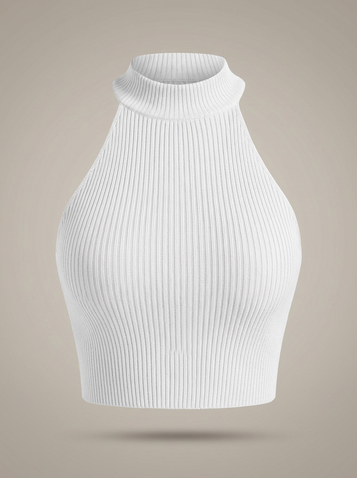 Stylowy damski krótki top halter z wysokim kołnierzem i prążkowanym detalem