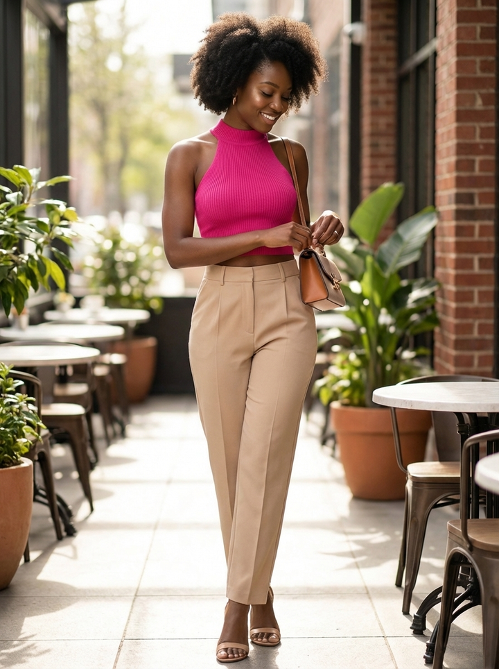 Stylowy damski krótki top halter z wysokim kołnierzem i prążkowanym detalem