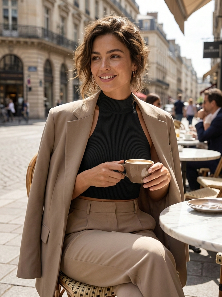 Stylowy damski krótki top halter z wysokim kołnierzem i prążkowanym detalem