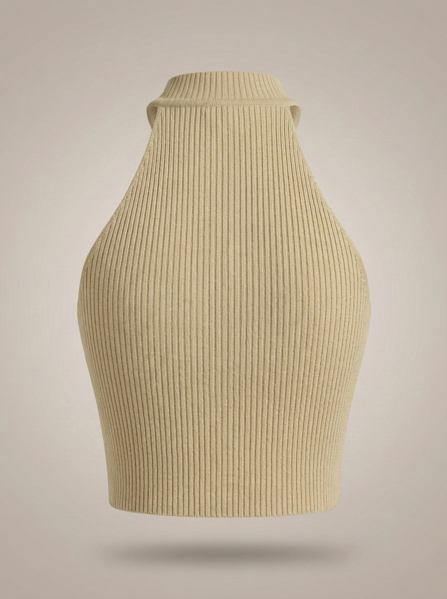 Stylowy damski krótki top halter z wysokim kołnierzem i prążkowanym detalem