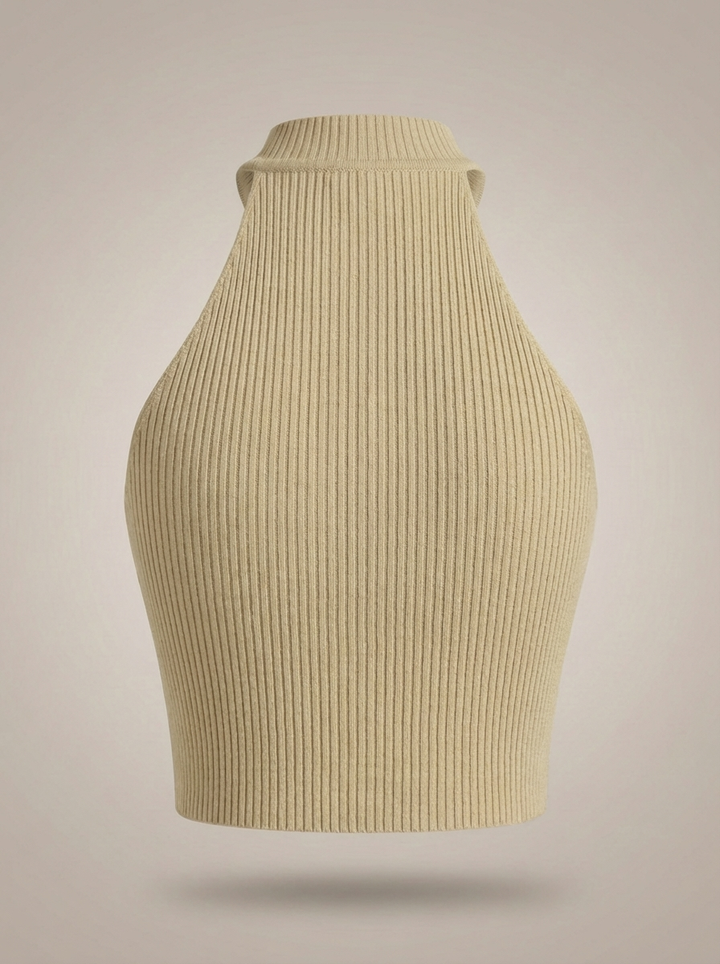 Stylowy damski krótki top halter z wysokim kołnierzem i prążkowanym detalem