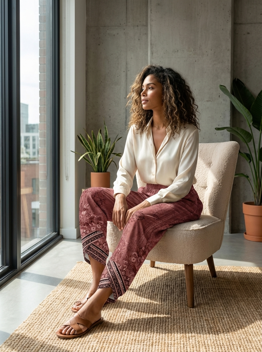 Lightweight Women's Pants with Wide Legs, Print, and Elastic Waistband