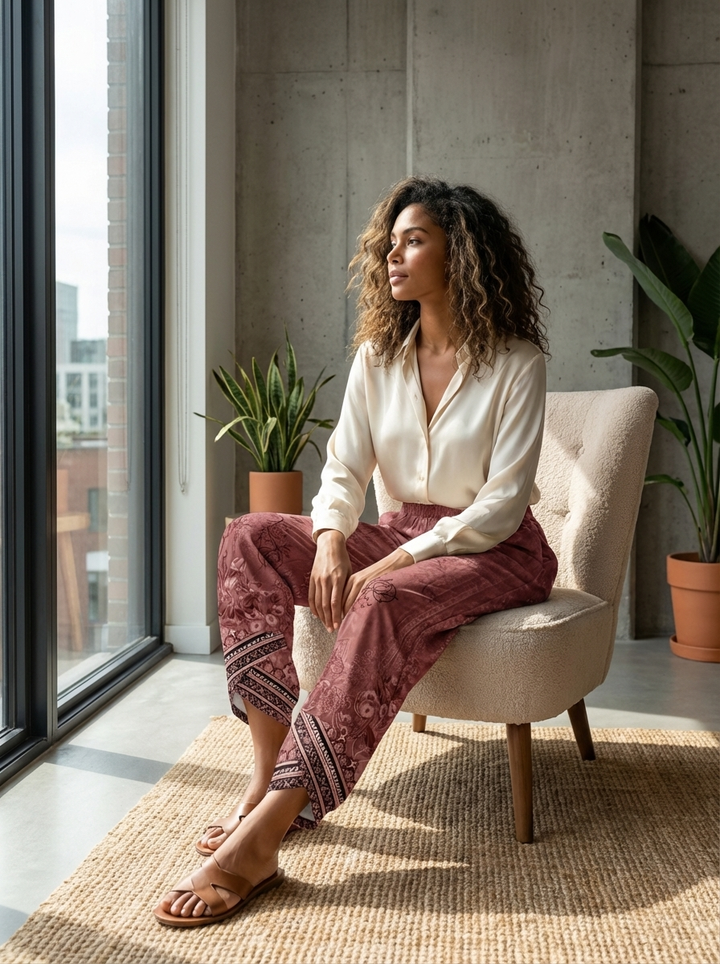 Lightweight Women's Pants with Wide Legs, Print, and Elastic Waistband