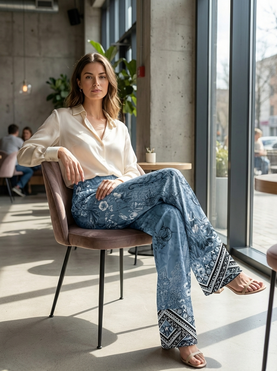 Lightweight Women's Pants with Wide Legs, Print, and Elastic Waistband