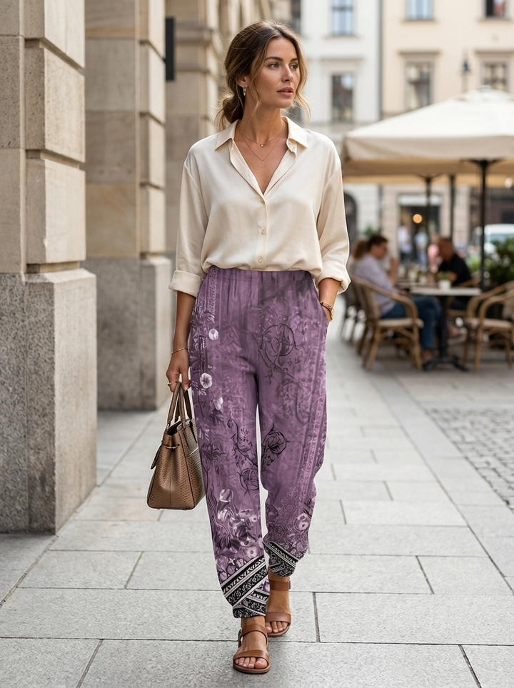 Lightweight Women's Pants with Wide Legs, Print, and Elastic Waistband