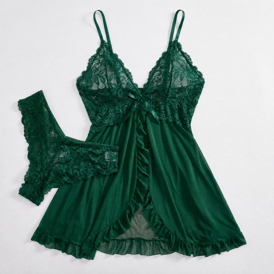 Verleidelijke Kanten Babydoll Set met Diepe V-Hals en Slip voor Dames