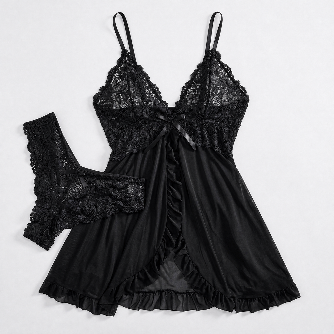 Verleidelijke Kanten Babydoll Set met Diepe V-Hals en Slip voor Dames
