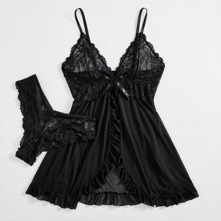 Verleidelijke Kanten Babydoll Set met Diepe V-Hals en Slip voor Dames