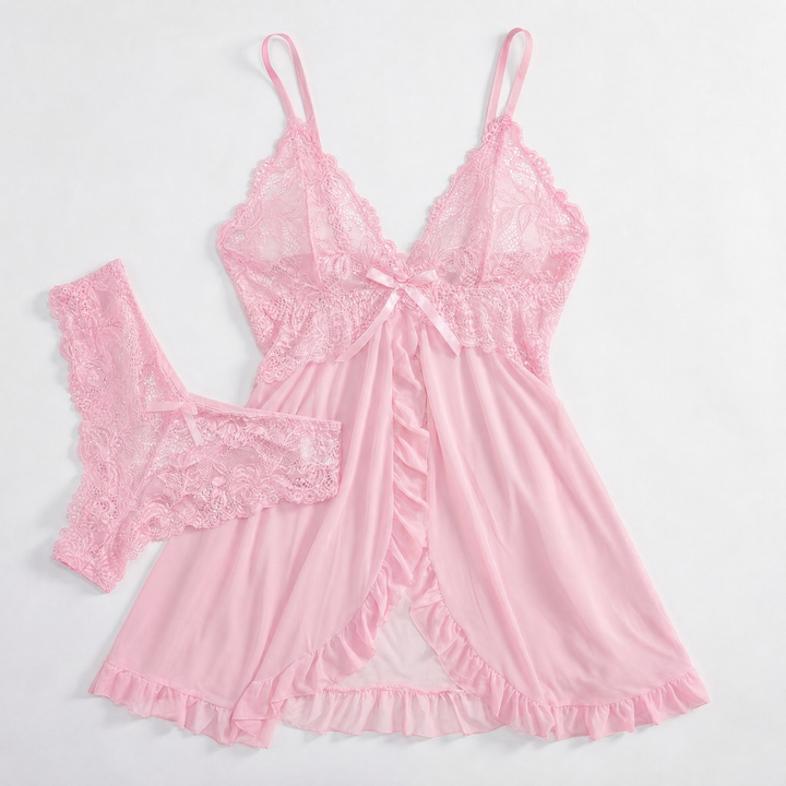 Verleidelijke Kanten Babydoll Set met Diepe V-Hals en Slip voor Dames