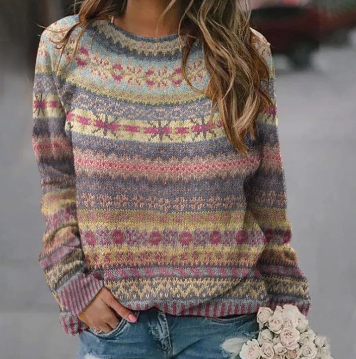 Fair Isle Oversized Crew Neck Sweater for Women - Khaki
