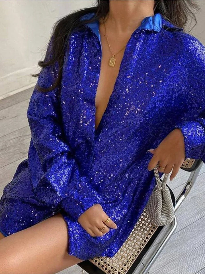 Oversized Pailletten Dames Blouse met Knoopsluiting en Lange Mouwen