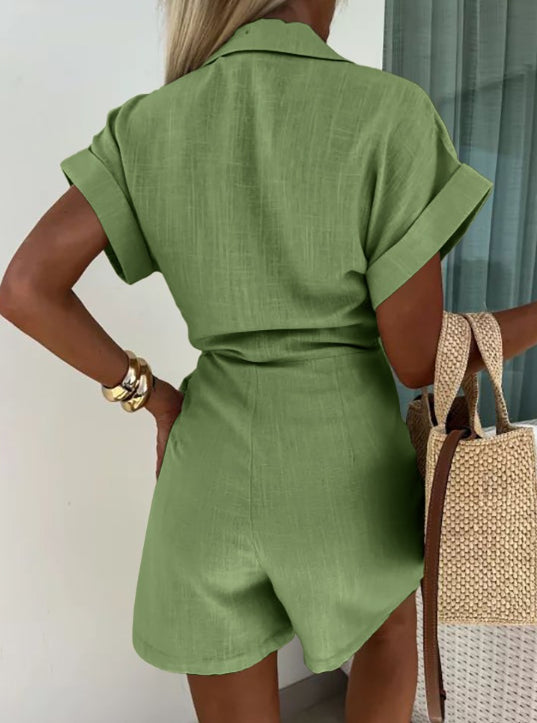 Zomerse Vrouwen Playsuit Met Wikkel Sluiting en Korte Mouwen