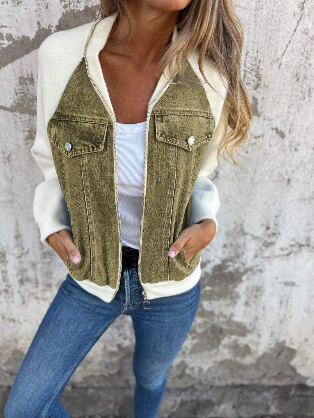 Soft Women's Denim Jacket with Zipper and Knitted Sleeves