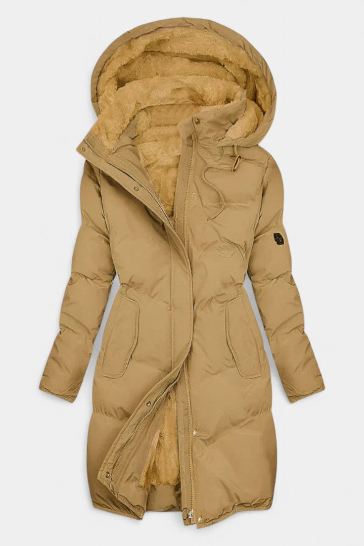 Gevoerde Lange Dames Winterjas met Teddyvoering en Vaste Capuchon