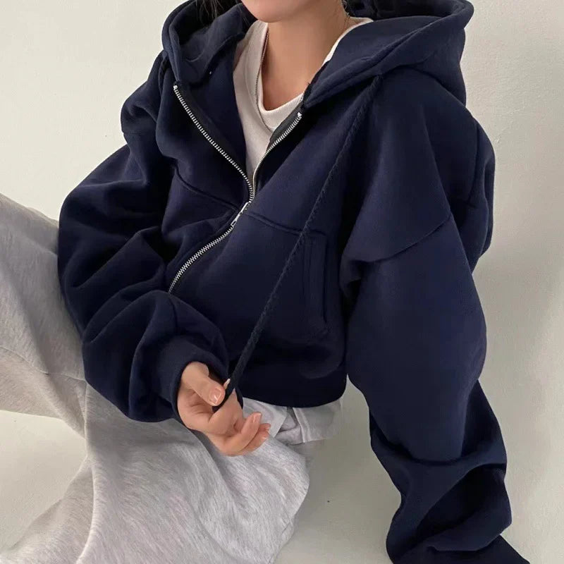 Zachte Vrouwen Cropped Hoodie met Lange Mouwen en Rits