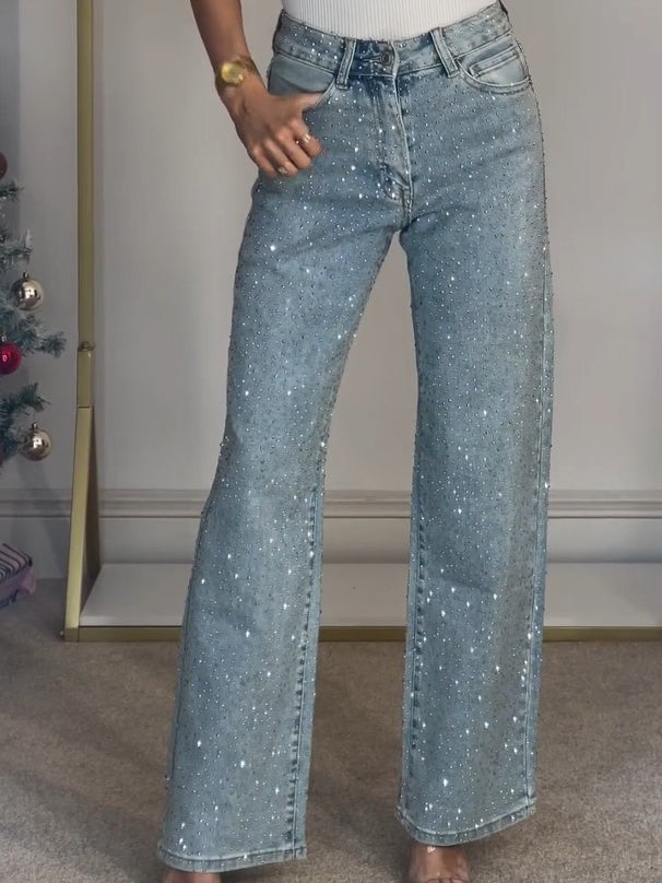 Jean Taille Haute Pailleté Étincelant pour Femme