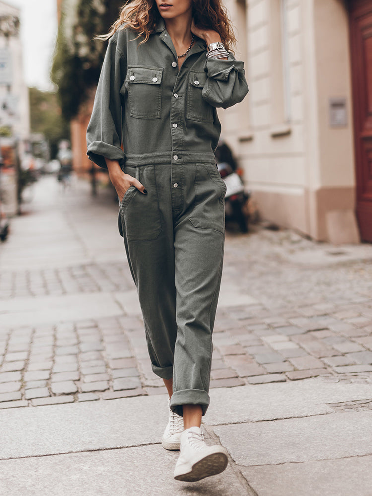 Trendy Dames Utility Jumpsuit met Lange Mouwen en Zakken