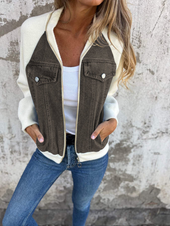Soft Women's Denim Jacket with Zipper and Knitted Sleeves