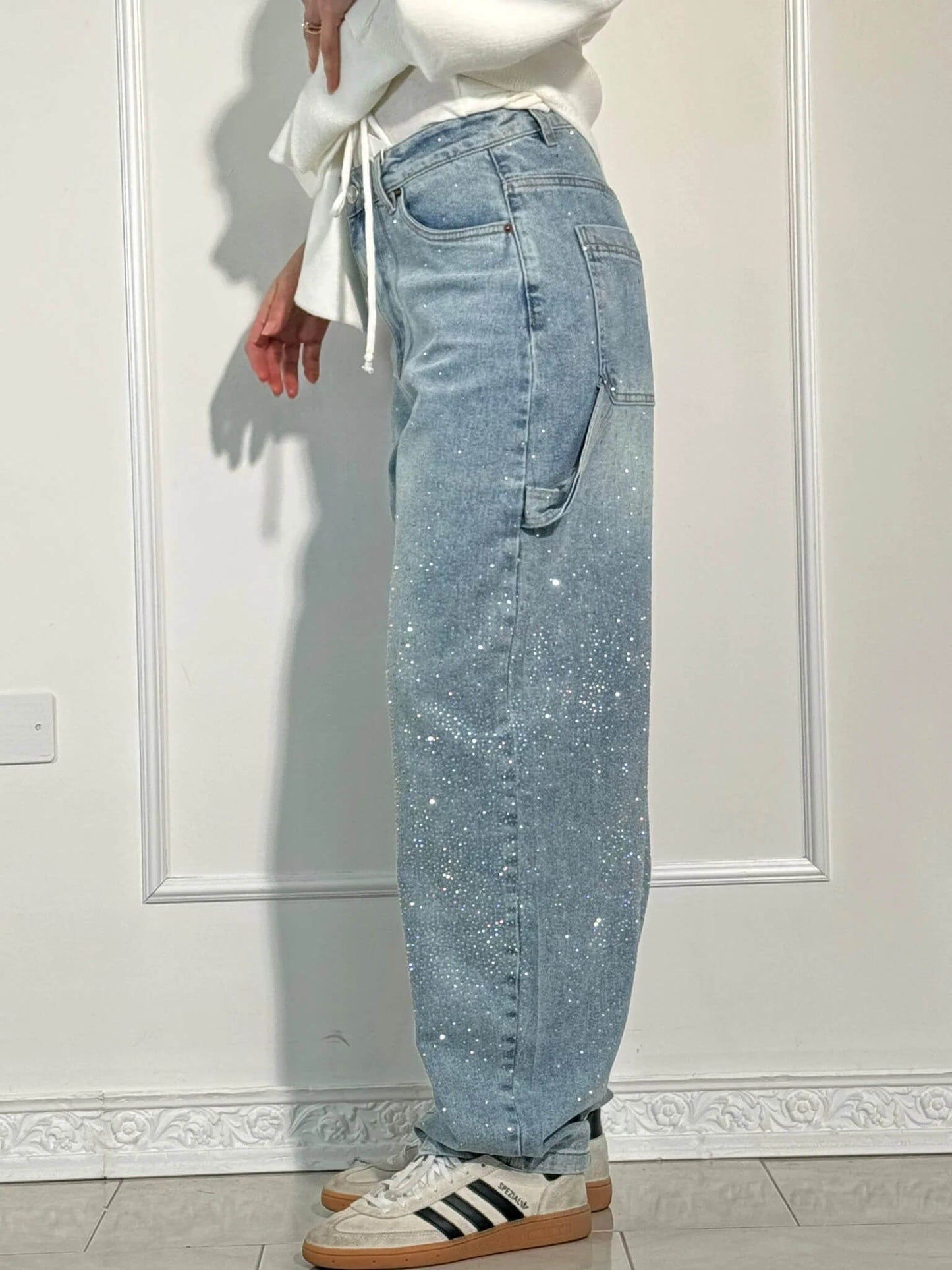 Trendy Baggy Jeans Voor Vrouwen Met Strass En Wijde Pijpen