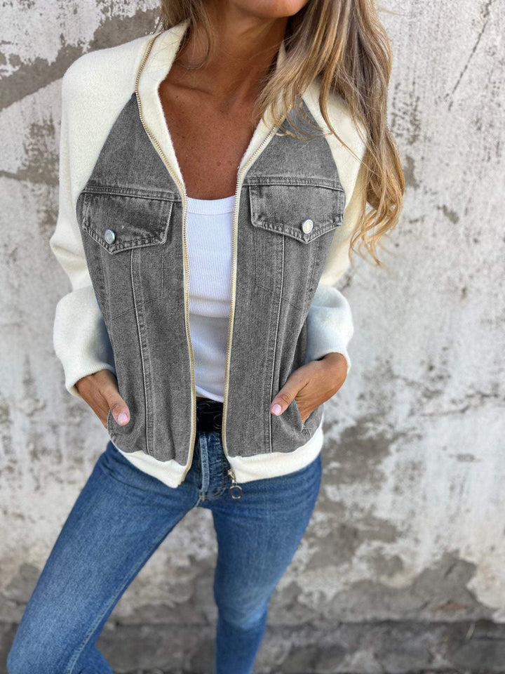 Soft Women's Denim Jacket with Zipper and Knitted Sleeves