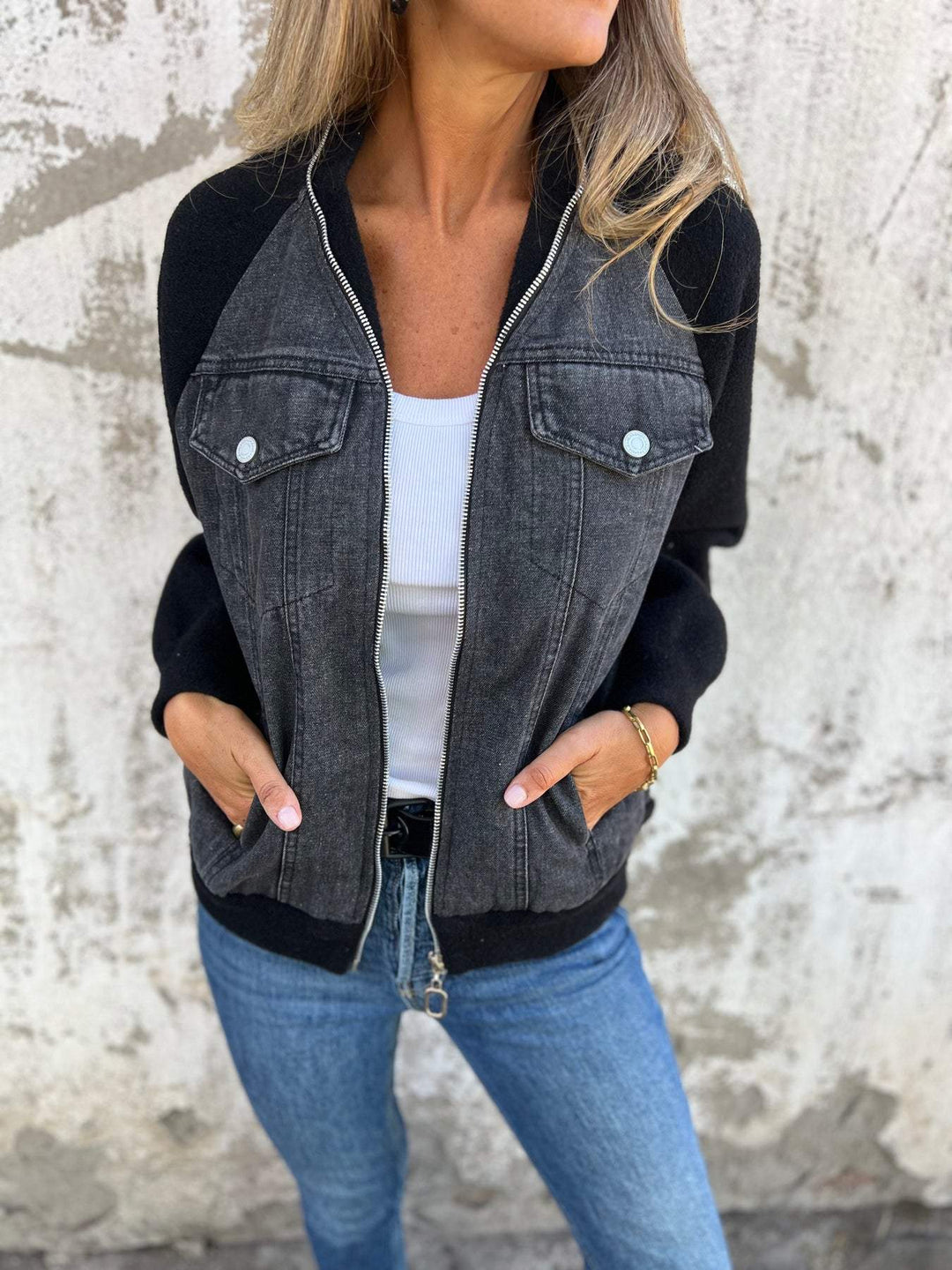 Soft Women's Denim Jacket with Zipper and Knitted Sleeves