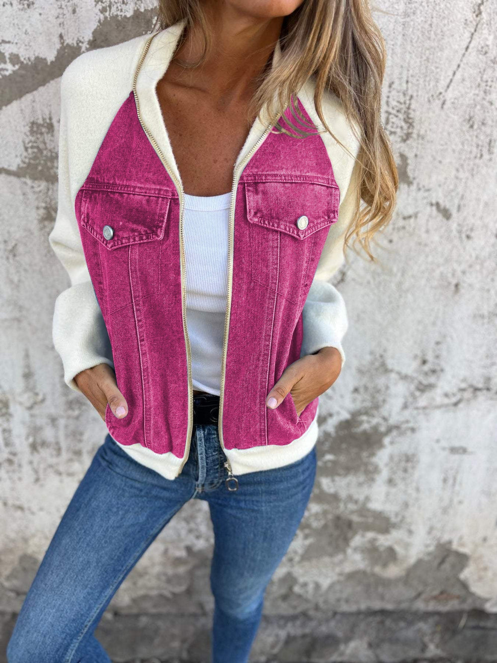 Soft Women's Denim Jacket with Zipper and Knitted Sleeves