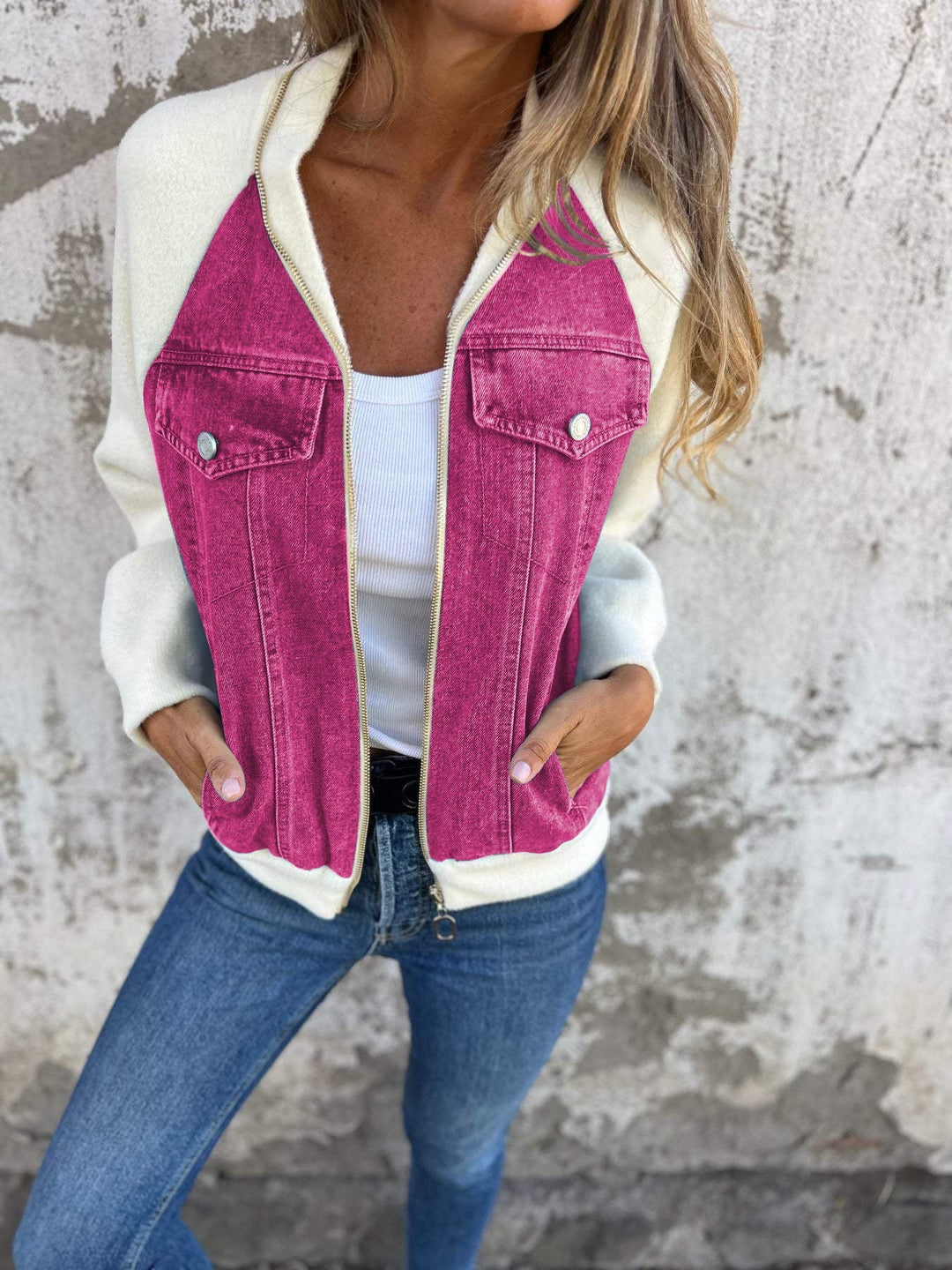 Soft Women's Denim Jacket with Zipper and Knitted Sleeves