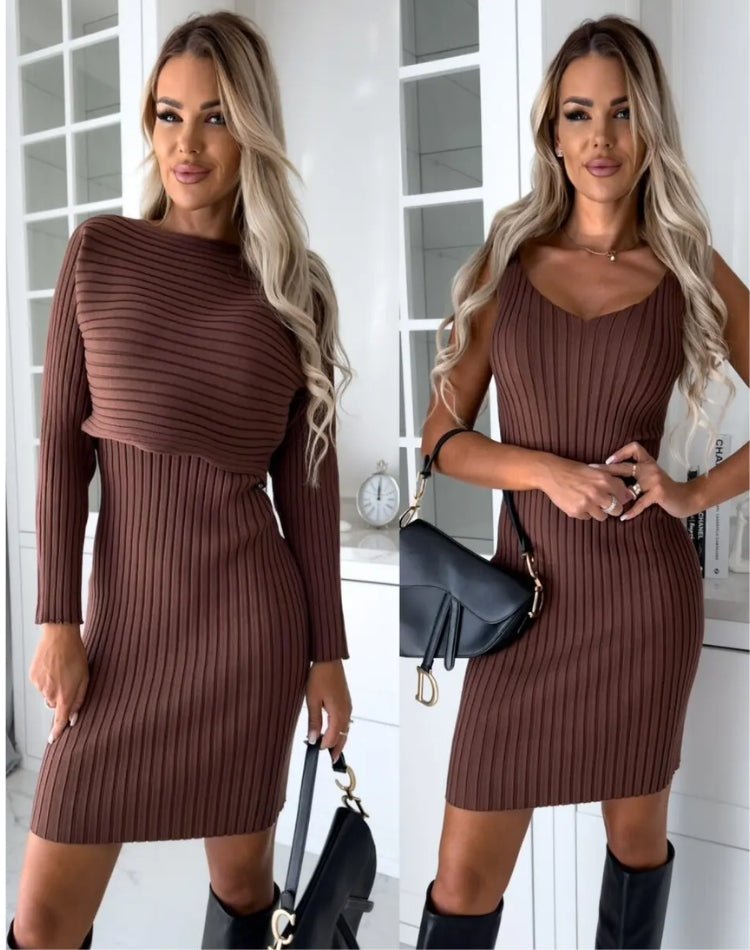 Elegant Ribbed Mini Dress Set with Soft Sweater Top