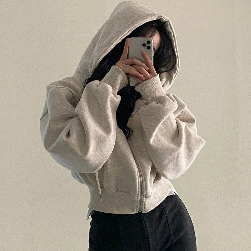 Zachte Vrouwen Cropped Hoodie met Lange Mouwen en Rits
