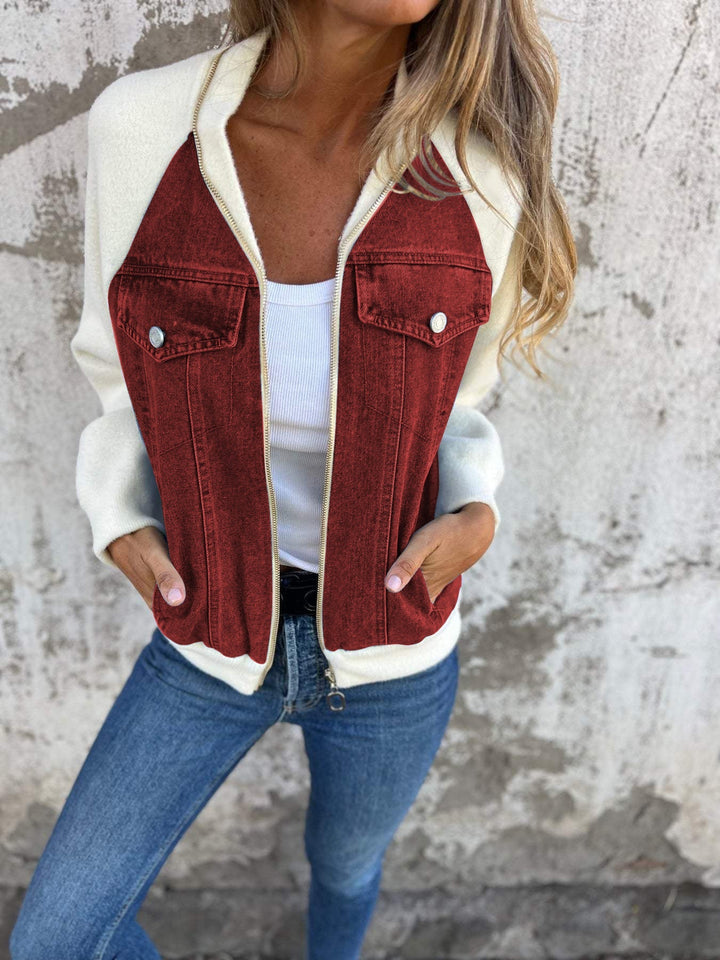 Soft Women's Denim Jacket with Zipper and Knitted Sleeves