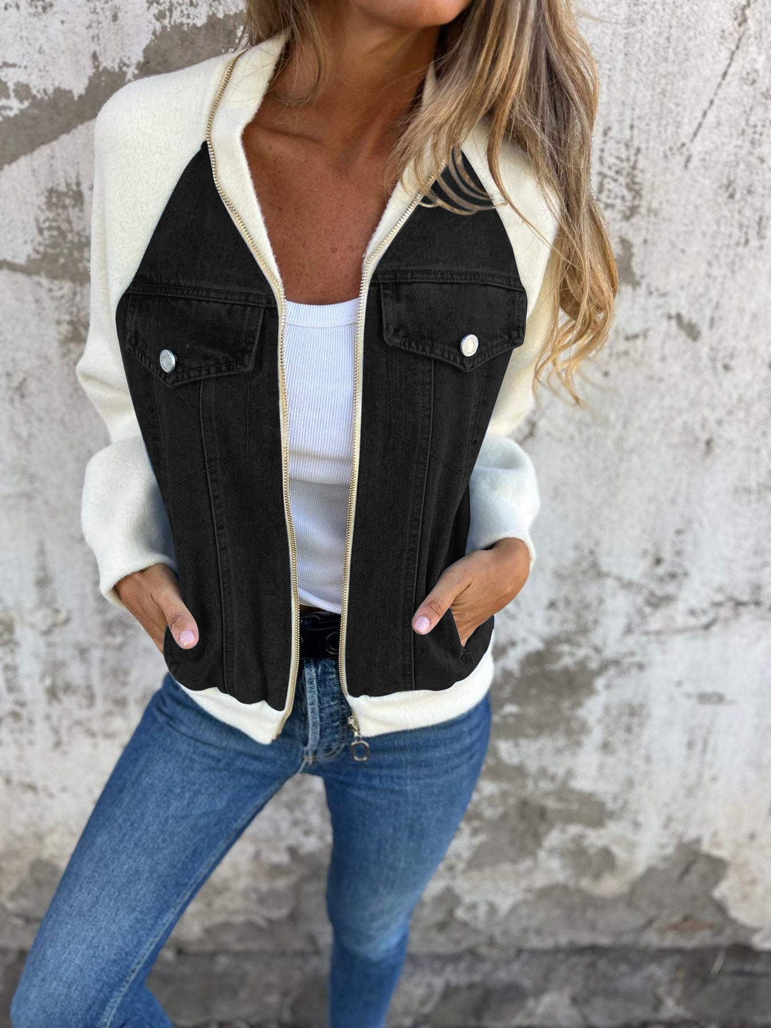 Soft Women's Denim Jacket with Zipper and Knitted Sleeves