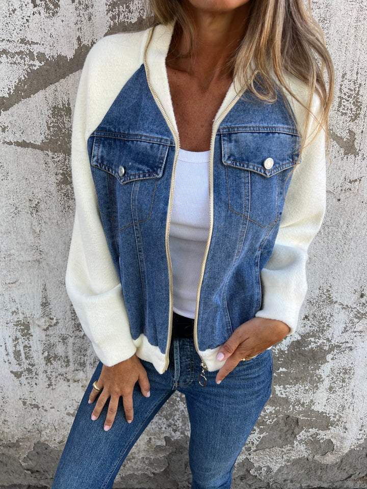Soft Women's Denim Jacket with Zipper and Knitted Sleeves