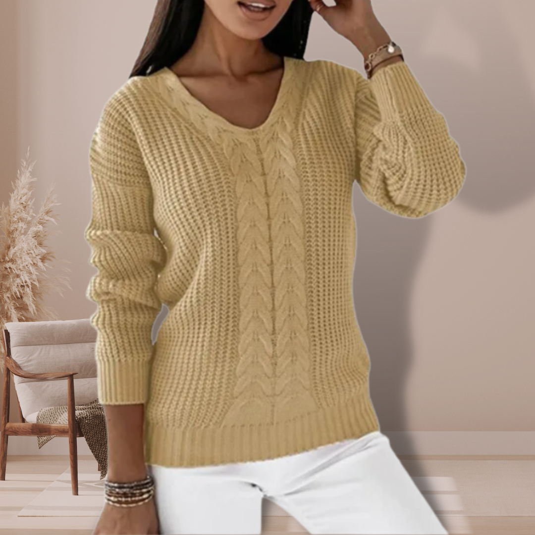 Pull Femme Tricoté Doux avec Col V et Motif Torsadé