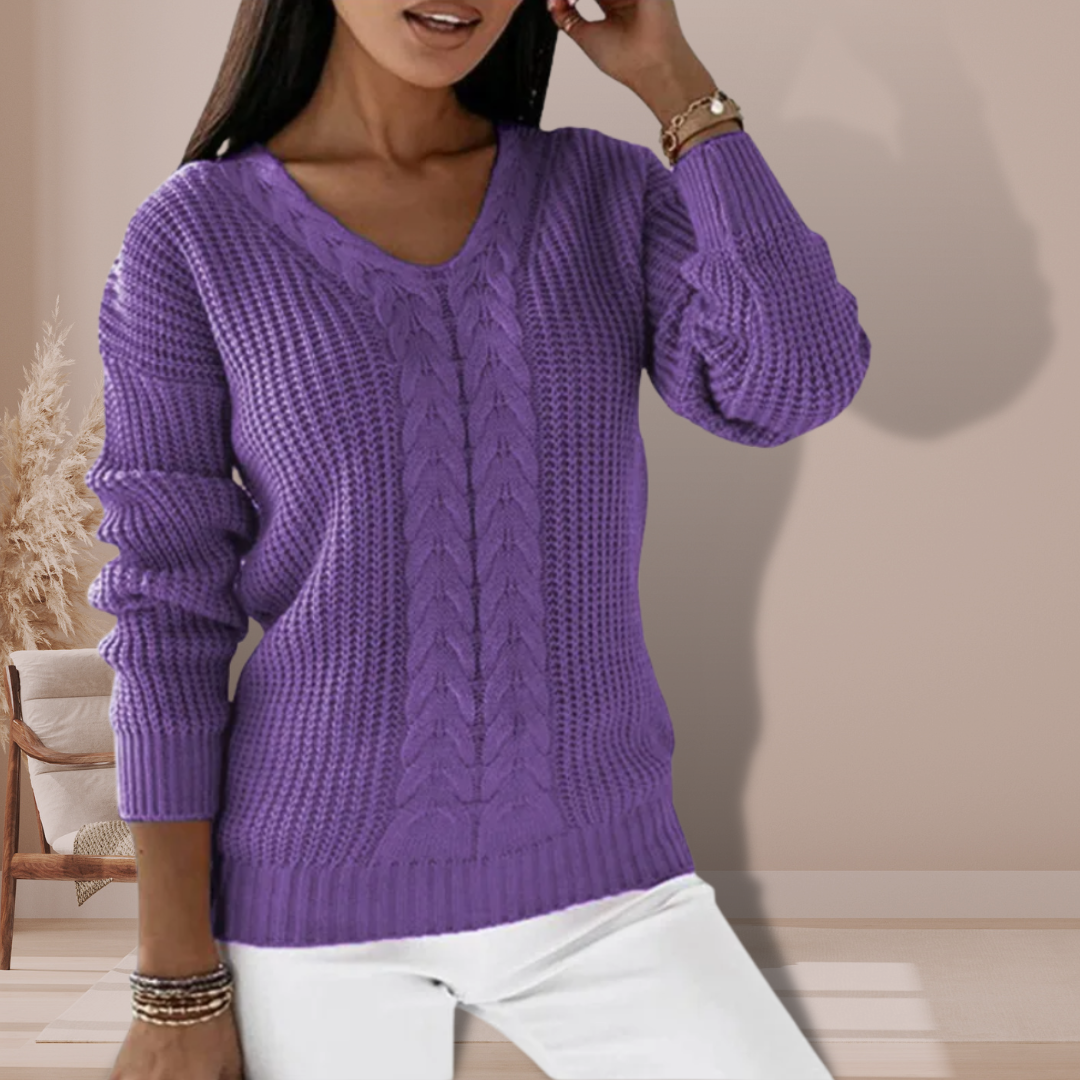 Pull Femme Tricoté Doux avec Col V et Motif Torsadé
