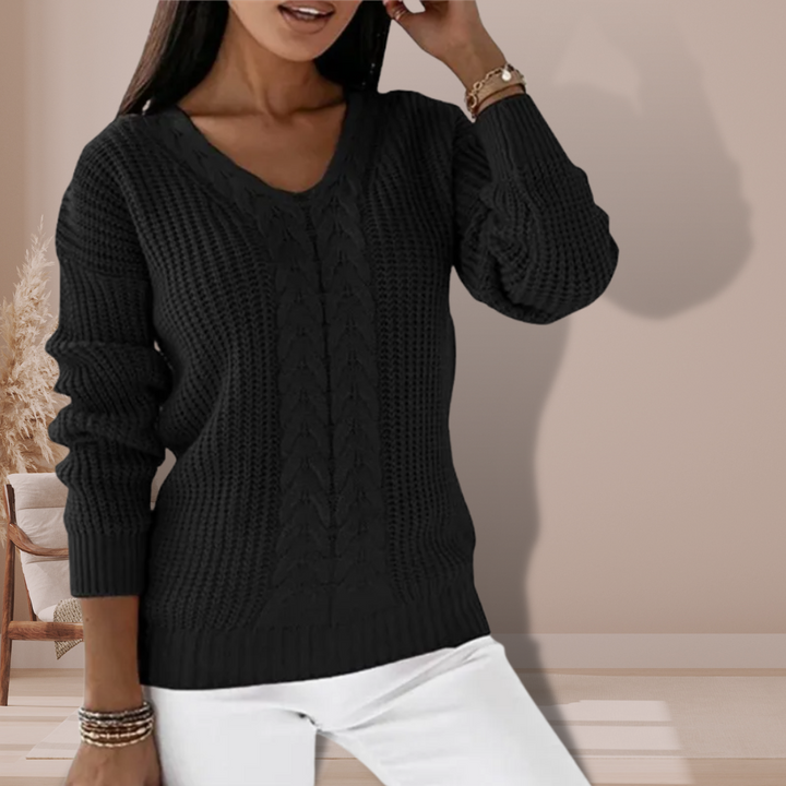 Pull Femme Tricoté Doux avec Col V et Motif Torsadé