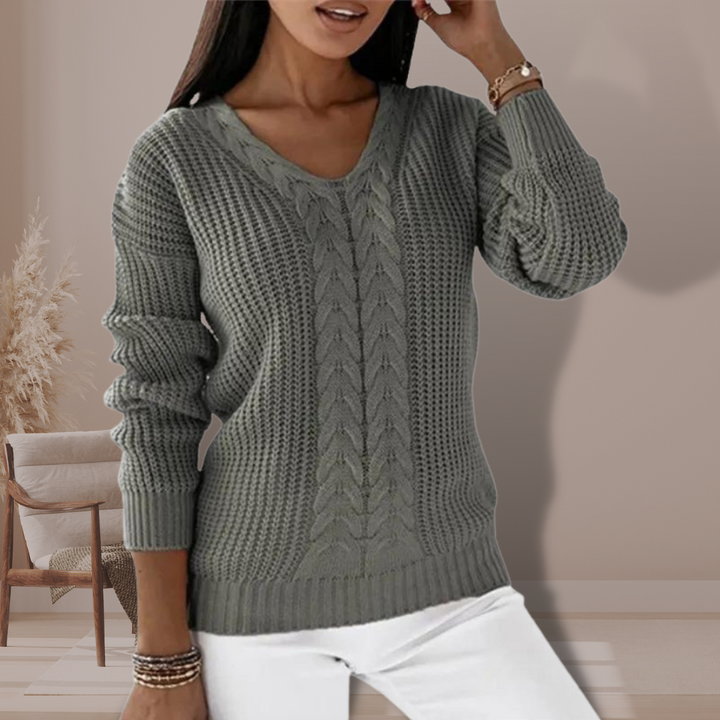 Pull Femme Tricoté Doux avec Col V et Motif Torsadé