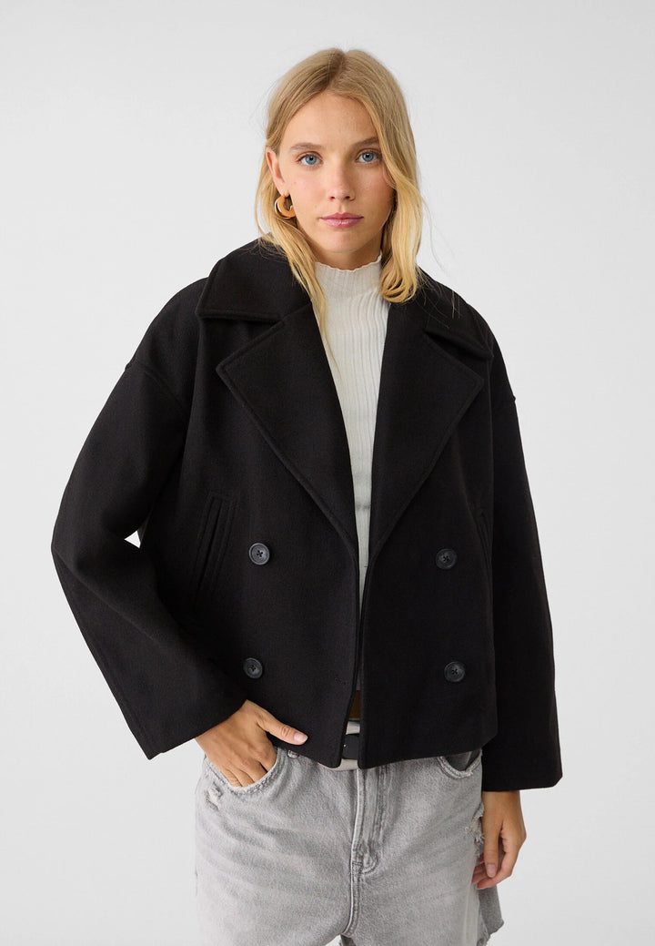 Short Women's Peacoat Jacket with Oversized Look